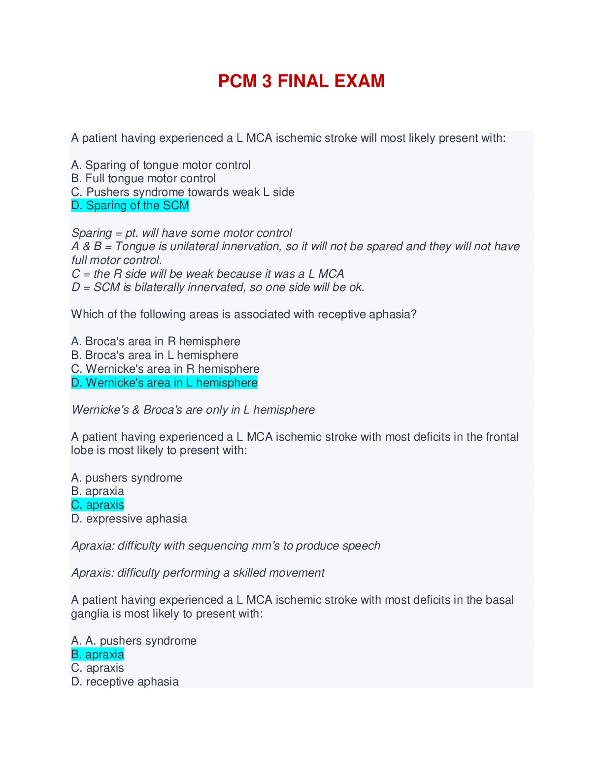 Preview image for PCM 3 FINAL EXAM - QUESTIONS, ANSWERS AND RATIONALES